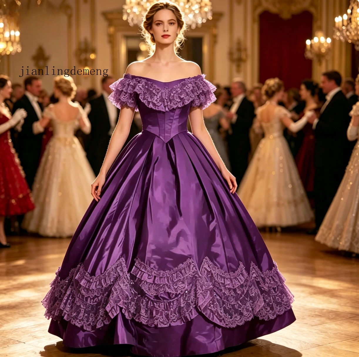 

Romantic Purple Victorian Prom Dress Off Shoulder Lace Ruffle Satin A Line Formal Evening Gown for Women Customized