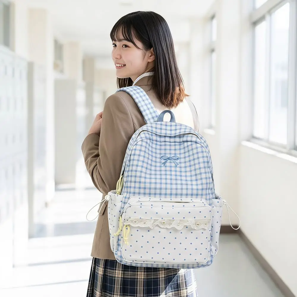 Fashion Sweet Polka Dot Backpack Plaid Minimalist Bow Backpack Bow Design Durable Student School Bag Outdoor Use