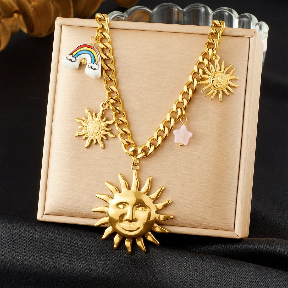 LAMENGLY 316L Stainless Steel Exaggerated Face Sun Rainbow Pendant Necklace Women Personal Geometric Neck Chain Party Gifts