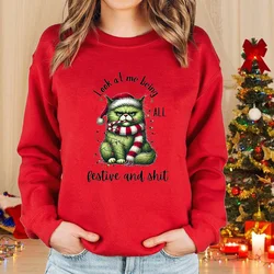 Funny Christmas Cat Print Sweatshirt Women's Long Sleeve Round Neck Pullover Cute Christmas Cat Sweatshirt Top