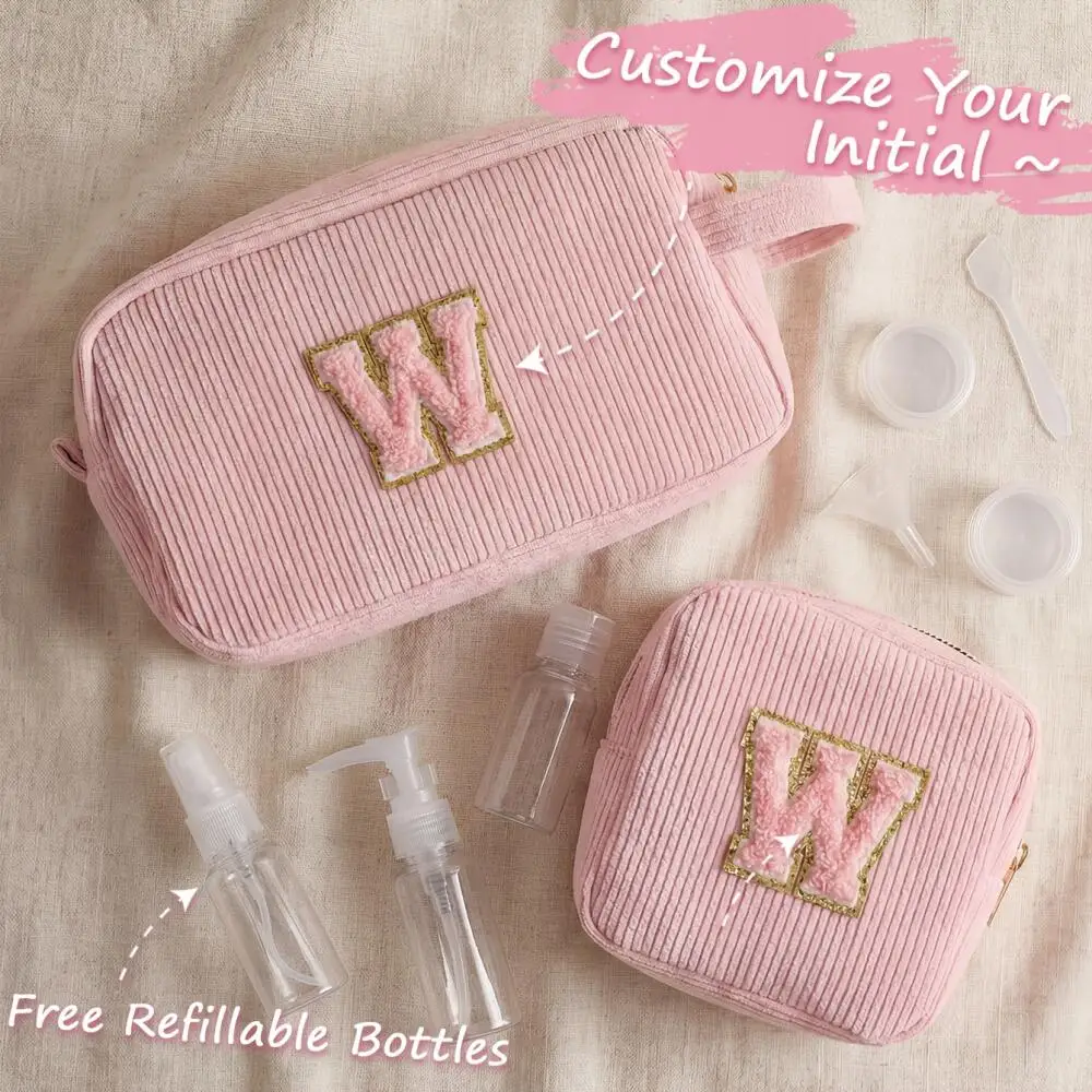 Custom Chenille Glitter Initial Corduroy Cosmetic Bag Free Refillable Travel Bottle Set Personalized Large Capacity Makeup Pouch