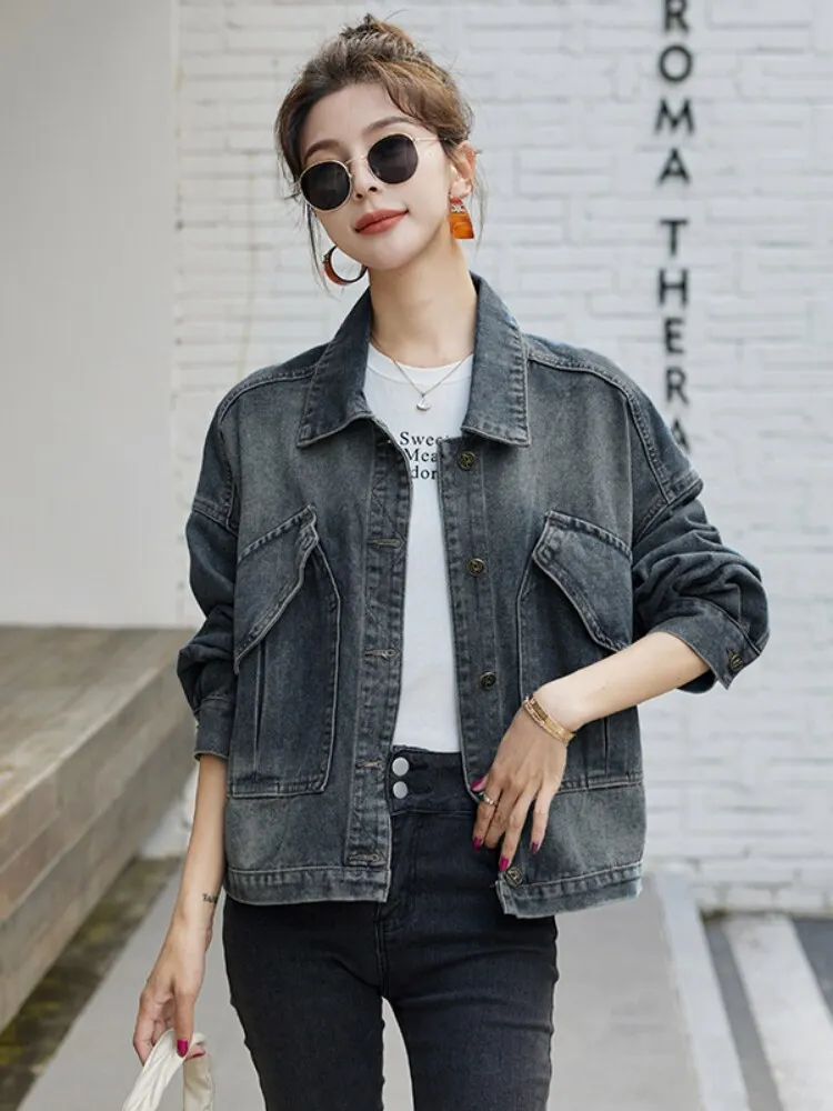 Slimming Short Denim Jacket for Women Stylish Spring Autumn Wear Commute Style Button Placket Patchwork Design No Inner Pockets