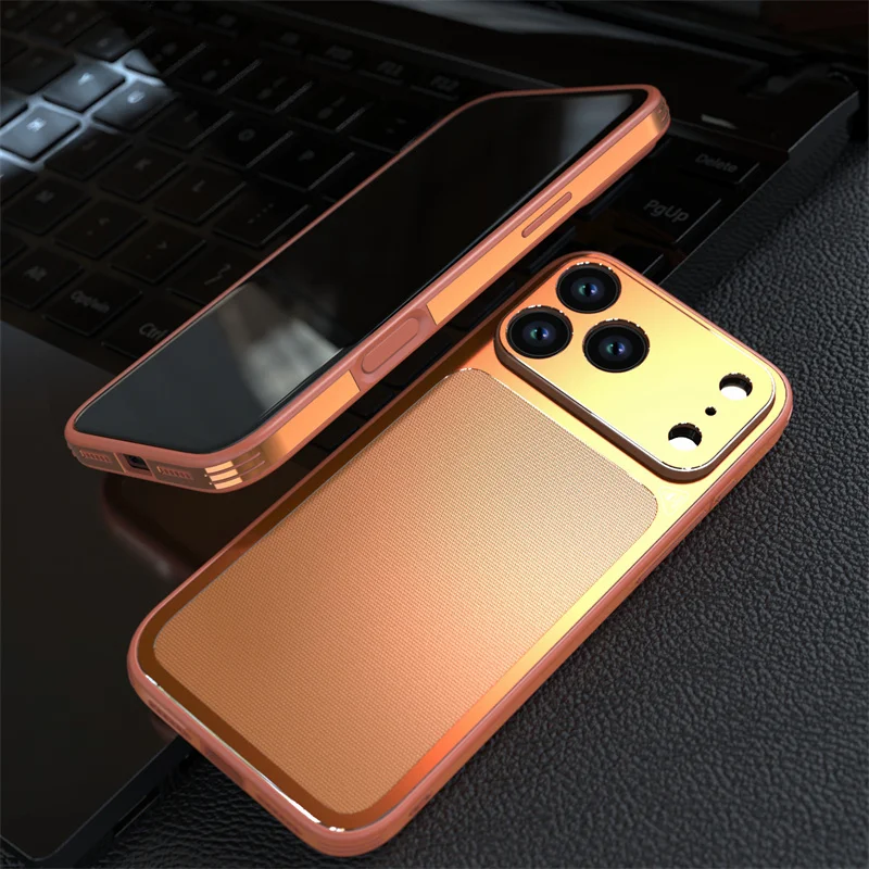 

Luxury Business Ultra-Thin Leather Phone Case For iPhone 17 Pro /17 Pro Max Metal Border Button Lens Shockproof Protective Cover