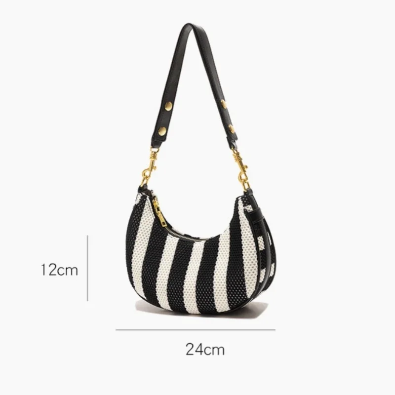 2024 New Black White Color Contrast Stripes Women\'s Half Moon Hobo Bag Fashion Woven Armpit Bag Daily Commute Shoulder Bag 2024