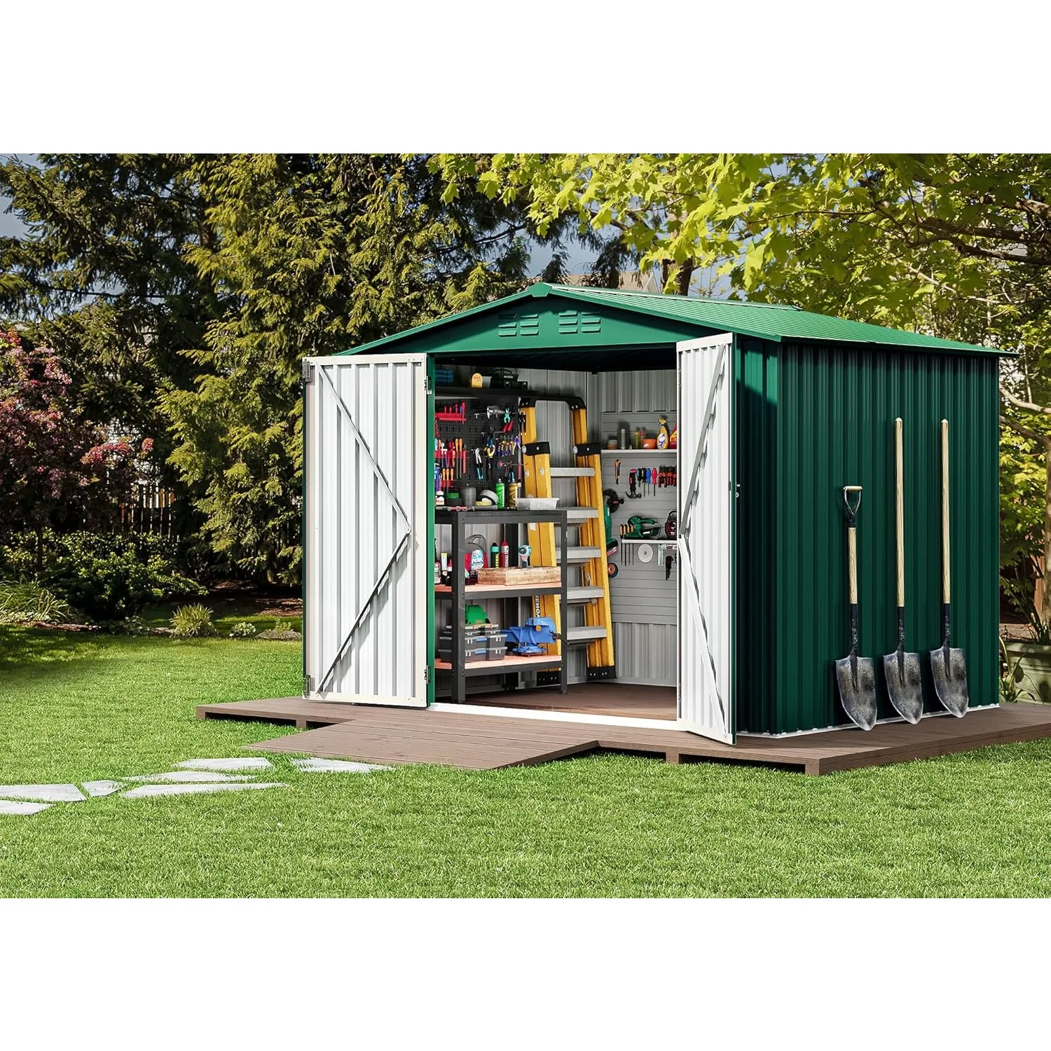 8x6 FT Outdoor Storage Shed Large Metal Tool Sheds Heavy Duty House with Lockable Doors & Air Vent for Backyard Patio Lawn Green