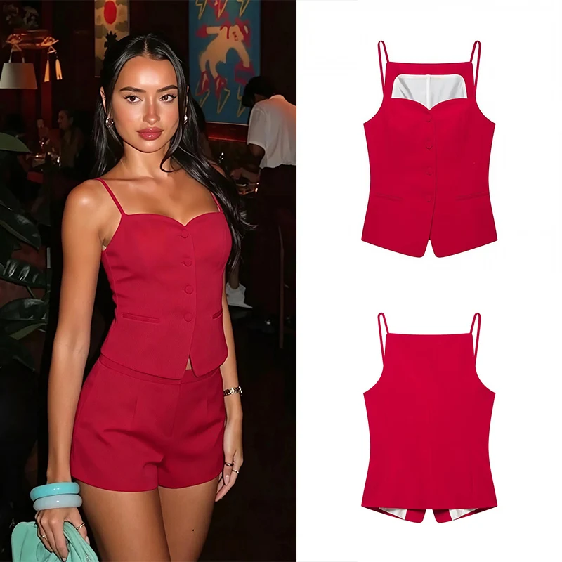 Guobioziy Women's Heart-Shaped Strap Vest 2026 Summer New Style Red Design European and American Casual Fashion Daily Wear