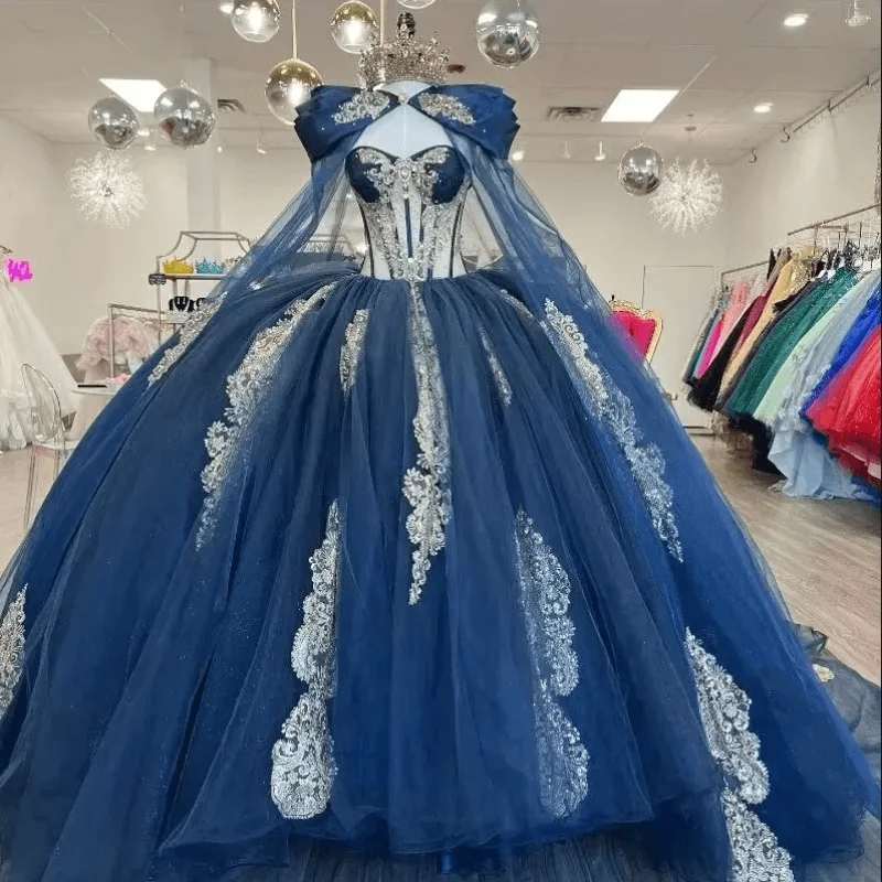 

Customized Navy Blue Quinceanera Dresses Gold Applique With Cape Ball Gown Princess Birthday Party Sweet 16 vestidos de
