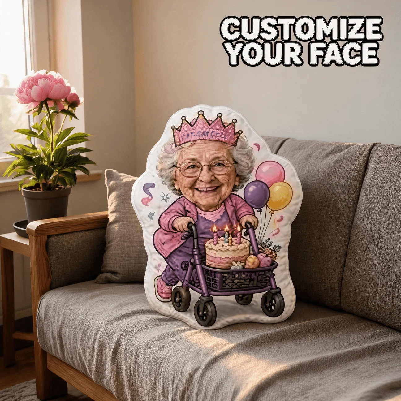 Custom Photo Shaped Pillow, Personalized Grandma Portrait with Crown & Walker Decorative Cushion, Unique Home Decor Accent for S