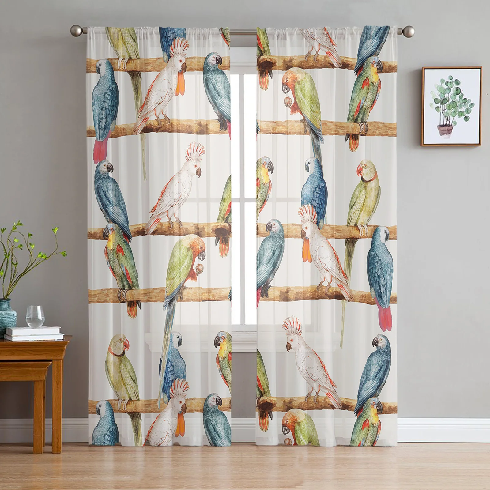 Bird Parrot Colorful Watercolor Sheer Curtains for Living Room Decoration Window Curtains Kitchen Tulle Voile Organza Curtains