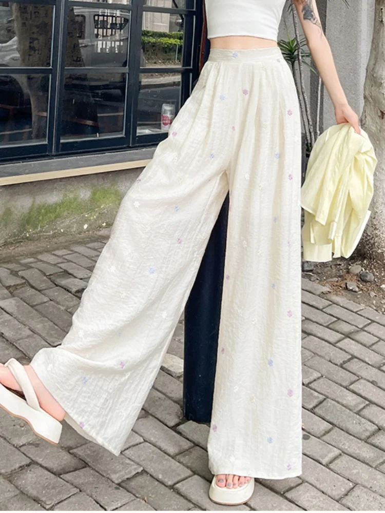 Estilo preguiçoso flor bordado casual linho calças de perna larga para as mulheres 2025 verão novo solto emagrecimento calças de perna reta