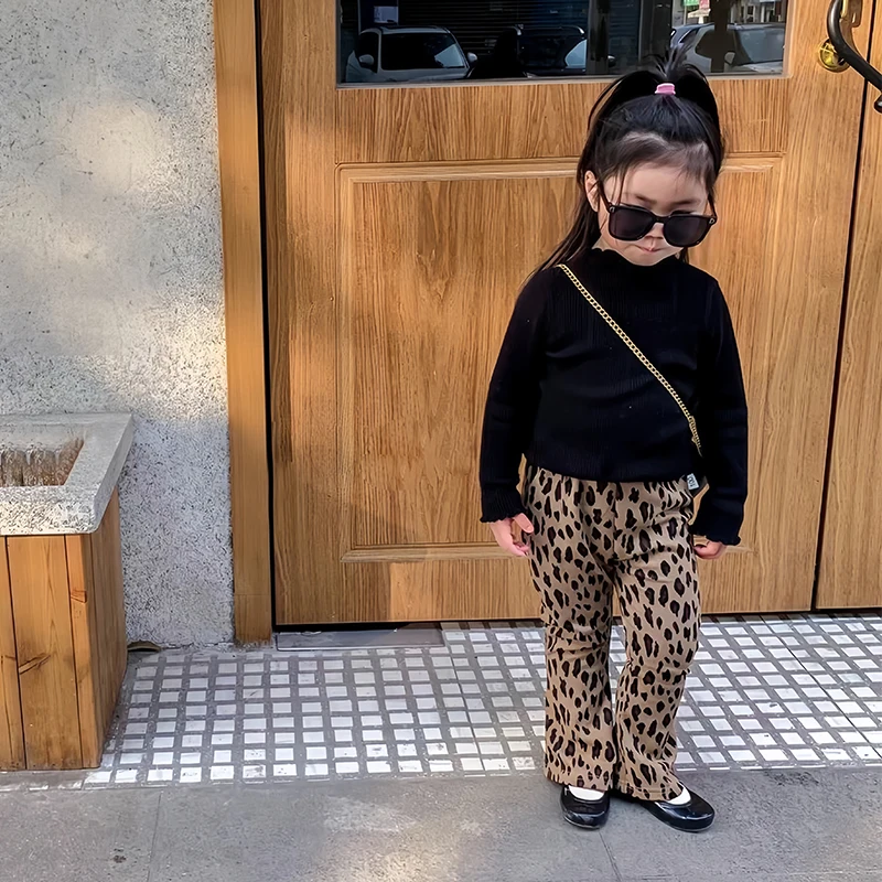 Leopard Infant Girls Pants Toddler Kid Baby Girl Clothes Autumn Winter Warm Flares Pants Childrens Bottoms Fashion Trousers 1-7Y