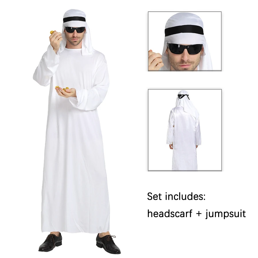 Arabian Robe Chefe Príncipe Cosplay Traje, Branco Médio Oriente Dubai Roupas, Halloween Masquerade, Carnaval Masquerade