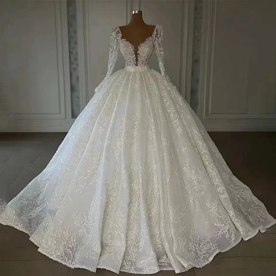 

Luxur Princess Ball Gown V Neck Weddding Dresses 2023 Lace Applique Long Sleeve Sequins Arabic Dubai Women Formal Bride Gowns
