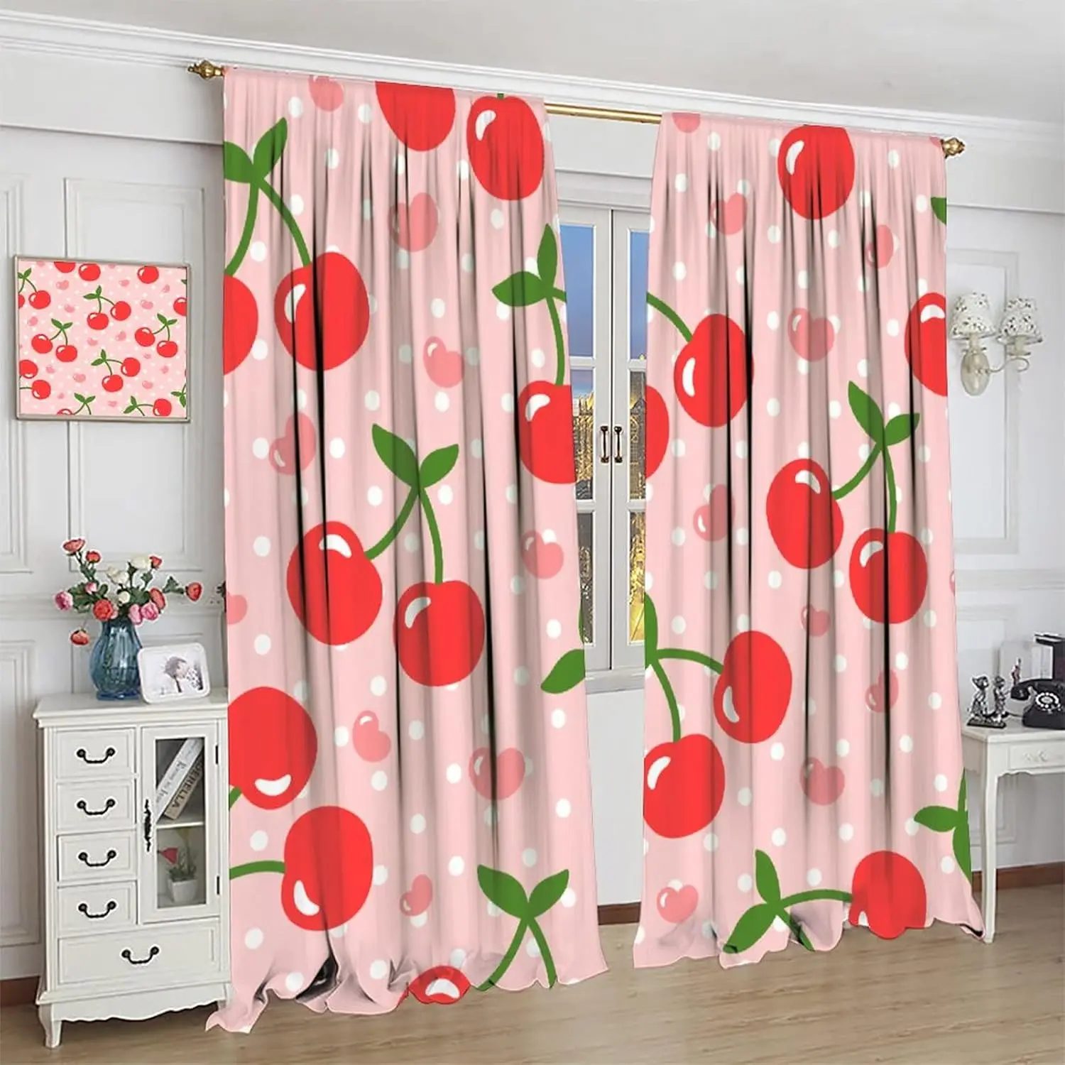 Cherry Blackout Curtains, Summer Fruit Cherry Love Pattern Style, Kids Girls Bedroom Living Room Blackout Decorative Curtains,