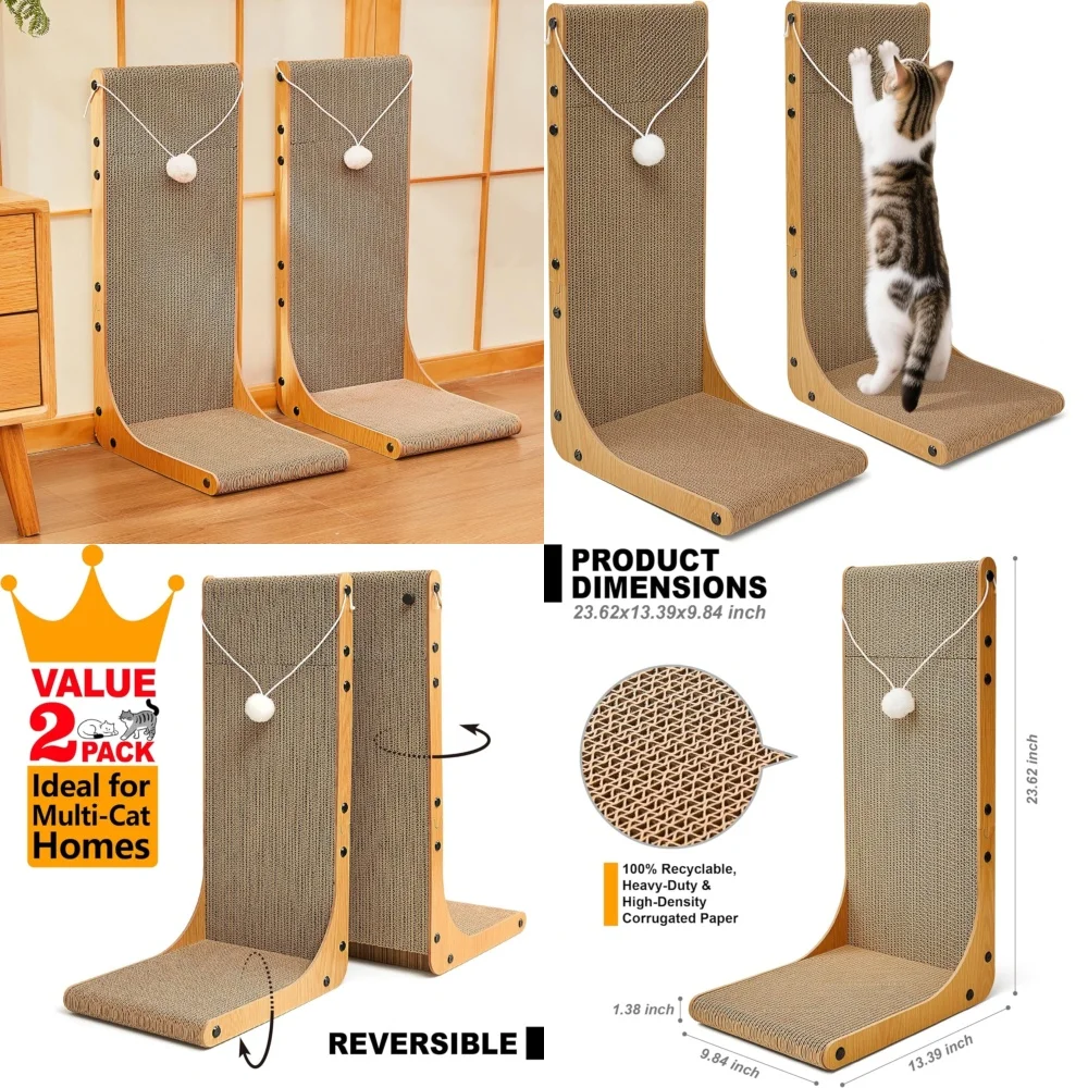 

2 pcs 23.6 inch L shape cardboard cat scratcher dual sided scratching pad with toys for cats free shipping fast delivery best