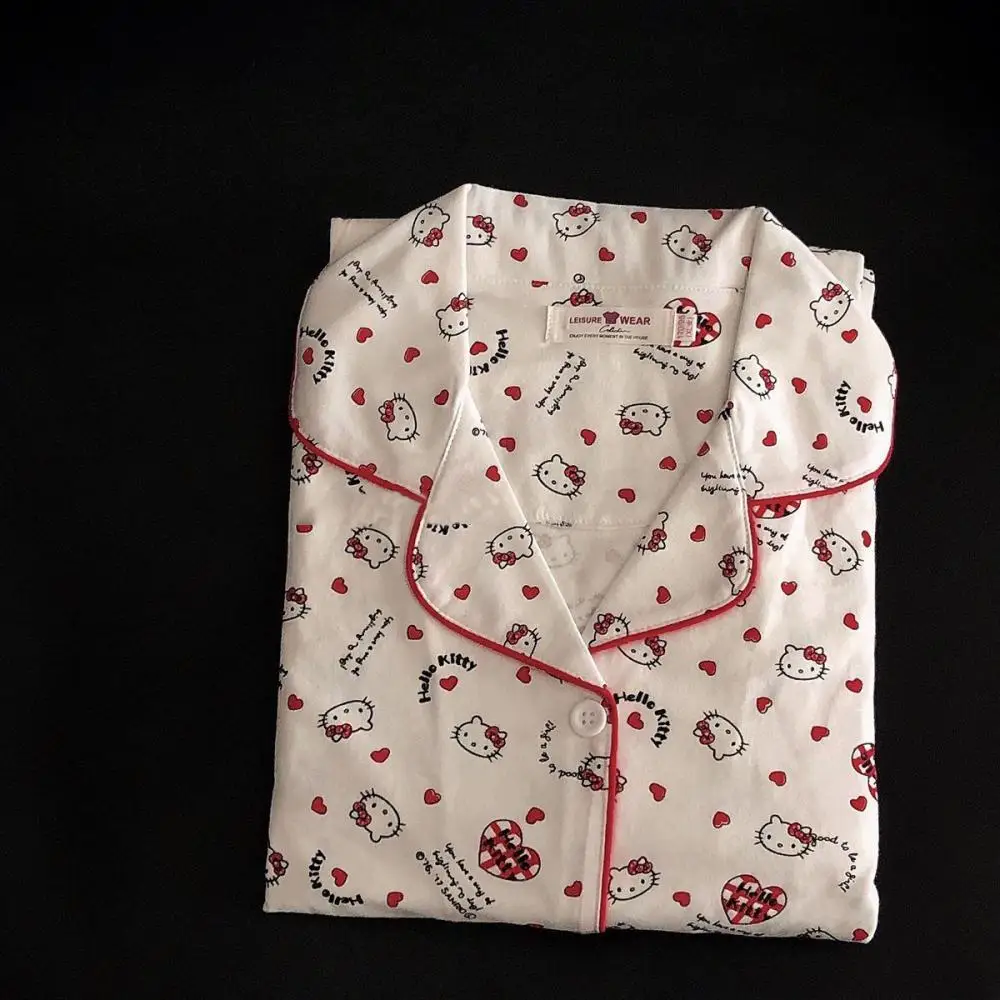 Lindo traje de pijama femenino de 2 uds Hello Kitty dibujos animados Anime Kawaii mujeres primavera otoño Tops pantalones ropa de descanso ropa de casa dulce niñas