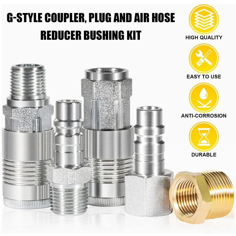 

1/2" NPT S-224 G-Style Coupler, Plug and Air hose Reducer Bushing Kit Used in Applications That Require over 60 SCFM -5Pcs