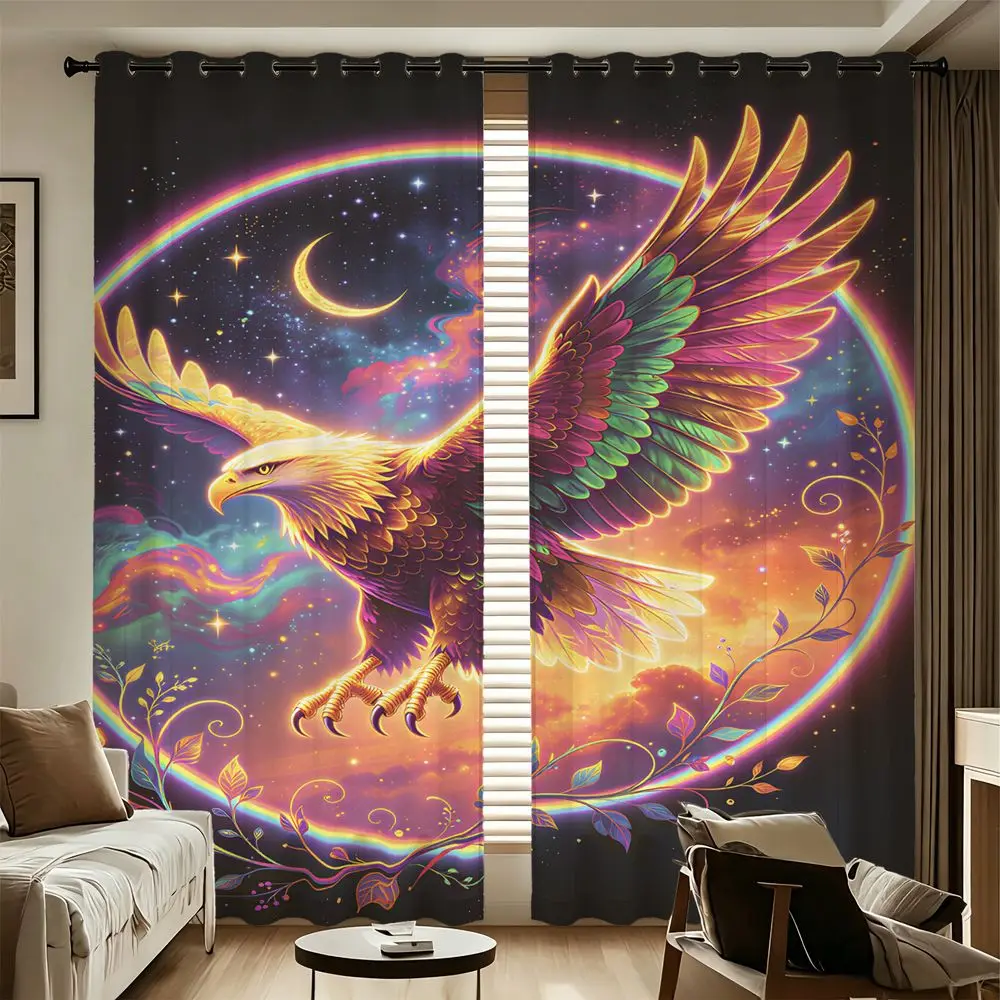 Galaxy Moon Eagle Printed Curtains 2 Panels Light Blocking Rate 85% Darkening Decoration Curtains Boho Teen Bedroom Window Drape