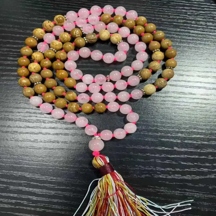 8mm 108 wood grain stone pink crystal beads knot necklace Men Healing Tranquility Crystal Zen Prayer Couples Mala Yoga