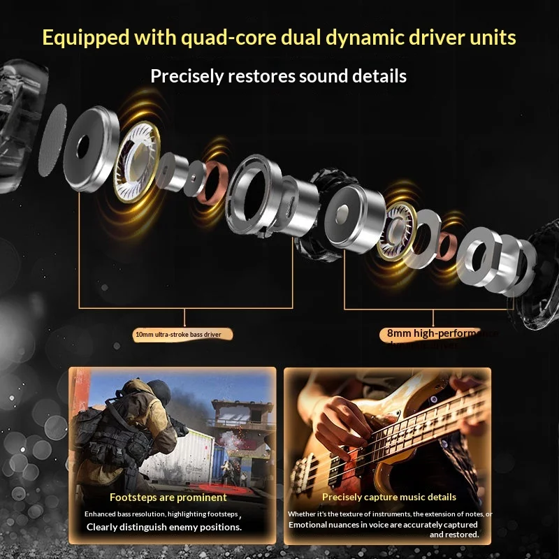 Kz Duet Earphone Hifi Bass Earbud Quad-Core Dual Dynamic Driver Units Headset Hd Dual-Mic Array Detachable Design image 4