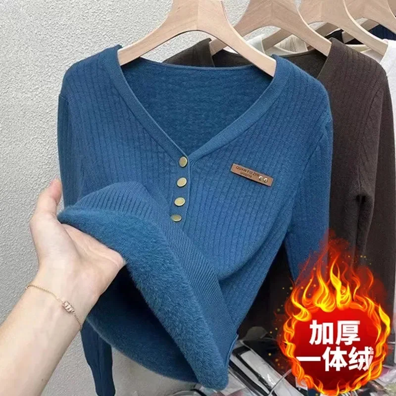 

Women Thicken Velvet V-neck Sweater Korean Fashion Lined Warm Knitted Pullover Slim Top Winter Pullovers