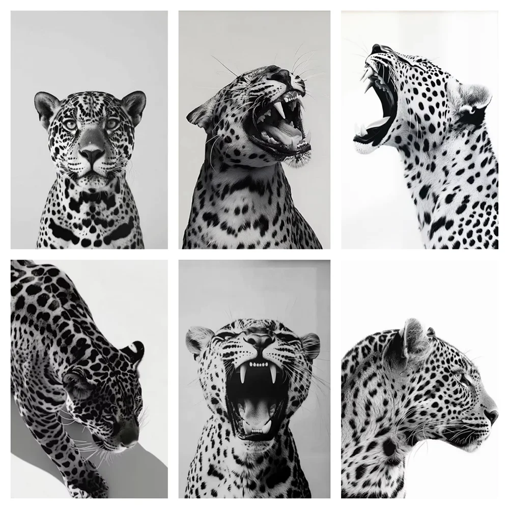 Black and White Animals Wall Art Canvas Paintings Trendy Leopard Roar Canvas Print Poster for Living Room Home Decoration