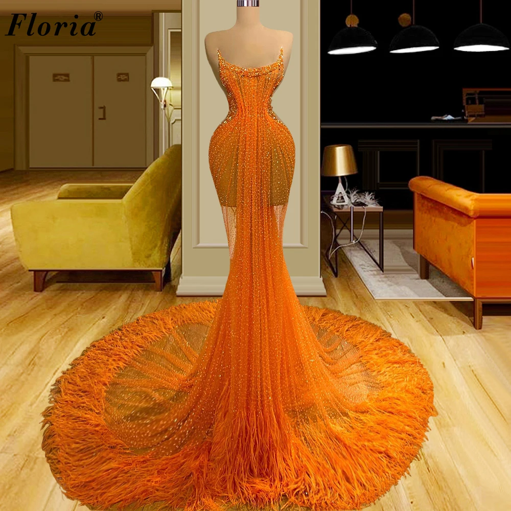 

Vestidos De Gala Sexy Mermaid Evening Dresses With Feathers Sleeveless Boho Evening Gowns Vintage Orange Celebrity Dresses