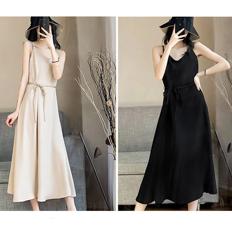 Elegant O-Neck All-match Solid Color Bandage Slip Dress Women's Clothing 2024 Summer New Loose Office Lady Sleeveless Dress
