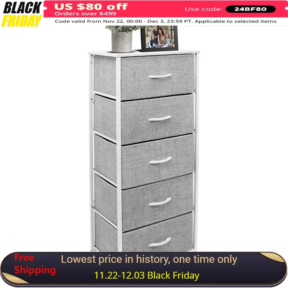 

Nightstand Dresser, Tall Storage Tower Unit Organizer, for Clothes, Steel Frame, Wood Top, Fabric Bins, Dresser Cabinet