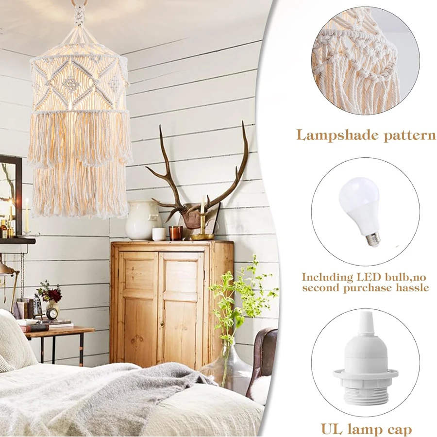 Lampada Boho Plug-in lampada a sospensione con lampadina, Plug-in cord plafoniera appesa fatta a mano Macrame camera da letto soggiorno Decor