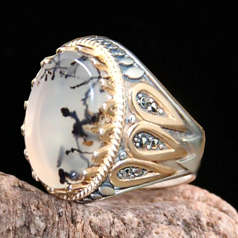 Vintage Handmade Turkish Signet Ring For Men Women Ancient Silver Color Moonstone Agate Stone Ring 2024 Retro Islamic Jewelry