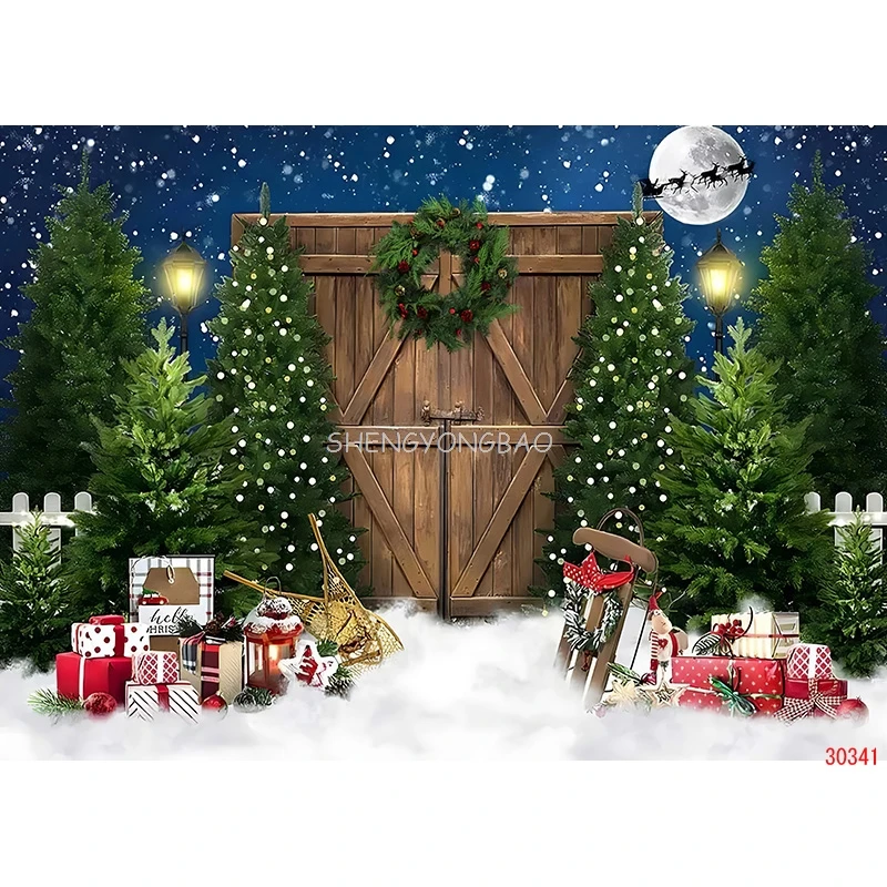 Vinyl Custom Christmas Tree Window Wreath Photography Backdrop Wooden Doors Snowman Cinema Pine New Year Background Prop ZZ-18