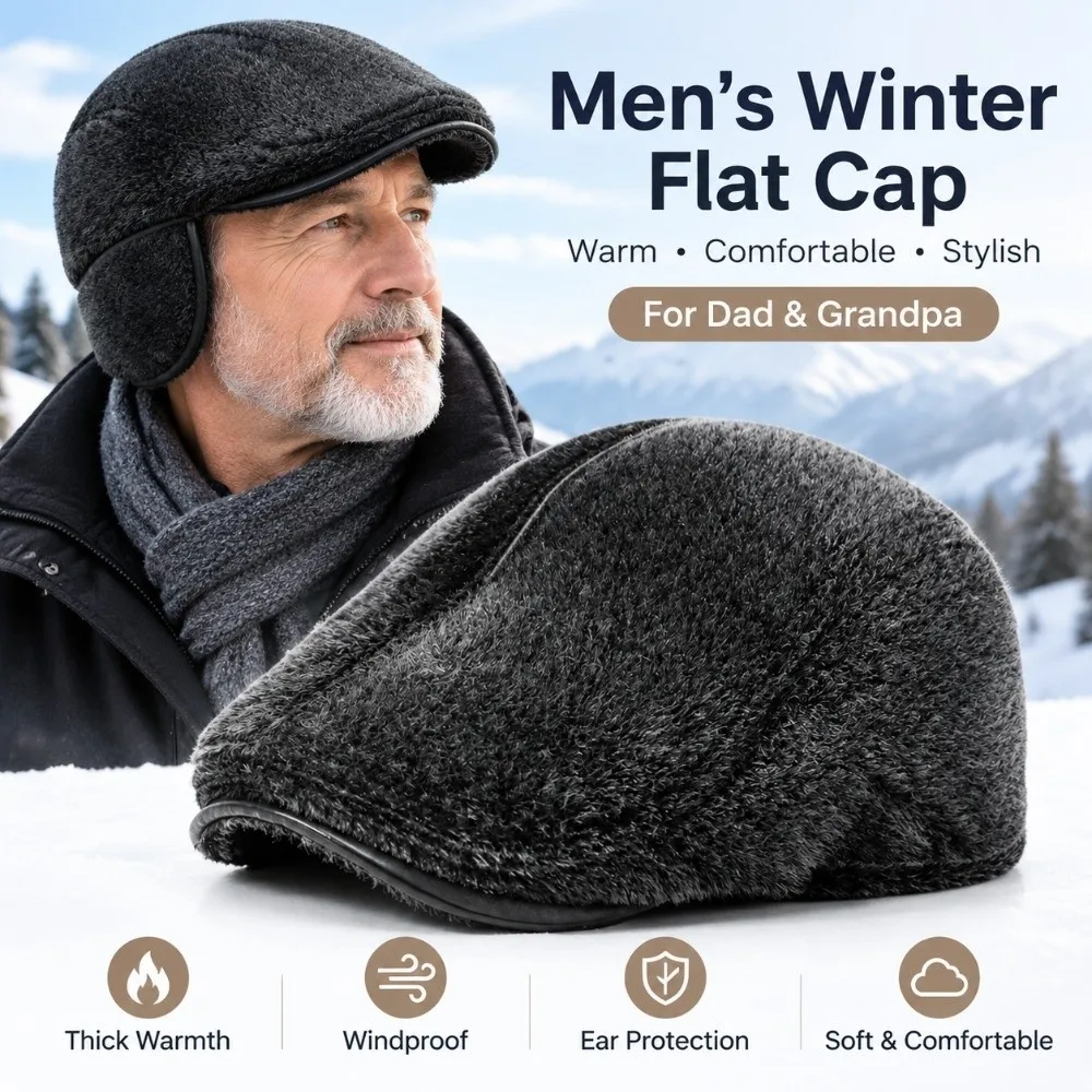 Soft Liner Fleece Lined Men Flat Cap Thickened Ear Protection Newsboy Cap Cold Proof Soft Woolen Winter Beret Middle Aged Elder