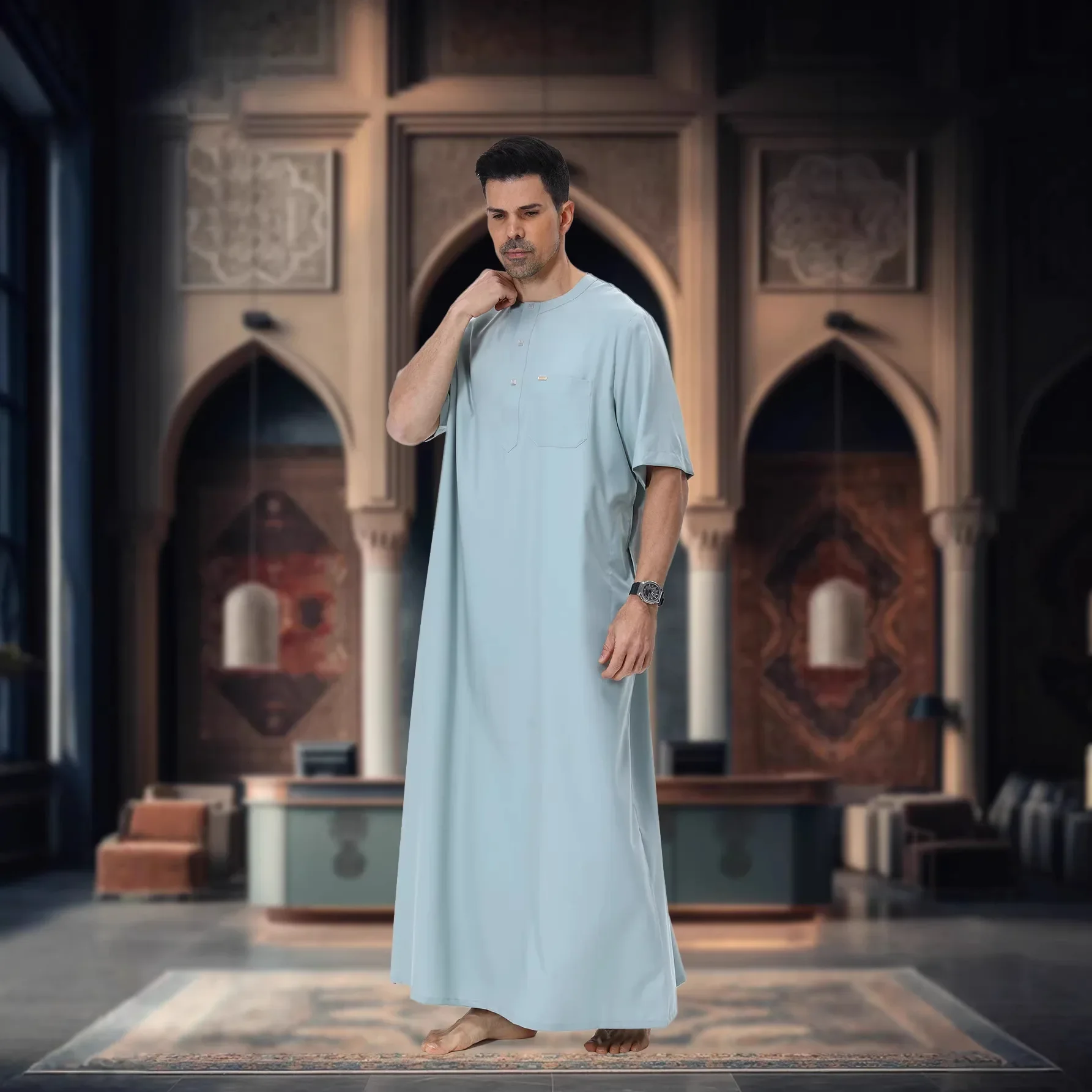 

Eid Muslim Dress Men Abaya Kaftan Pakistan Saudi Arabia Djellaba Short Sleeve Robe Jubba Thobe Abaya Kaftan Thoub Islam Clothing