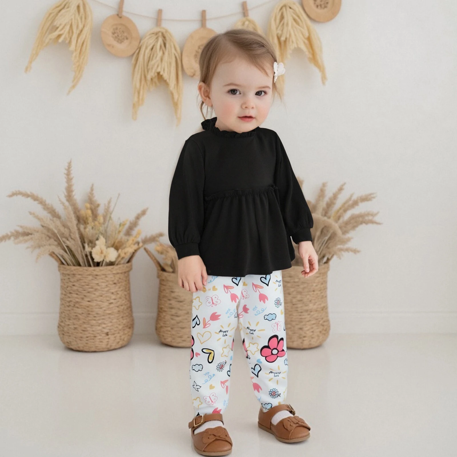 

Toddler Clothes Baby Girl Fall Outfits Solid Ruffled Trim Stand Collar Long Sleeve Tops and Floral Print Pants 2 Pcs Set