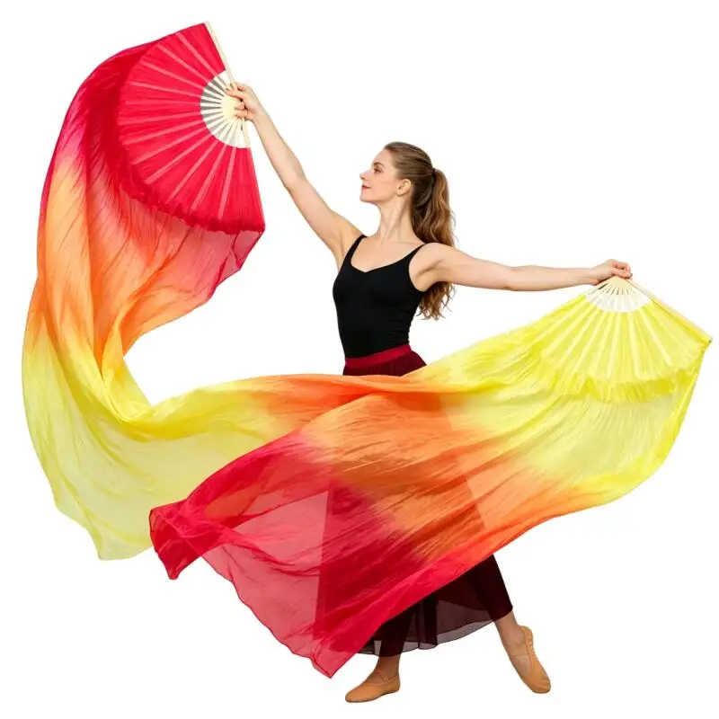 150cm Long Gradient Color Imitation Silk Belly Dance Fans Bamboo For Women Belly Dancing Stage Performance Practice Accessories