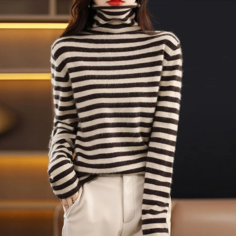 

Knitted Sweater Women Pullovers New Long Sleeve Turtleneck Striped Knit Sweater Pullover Women Tops Sueters De Mujer 2025 Q1246