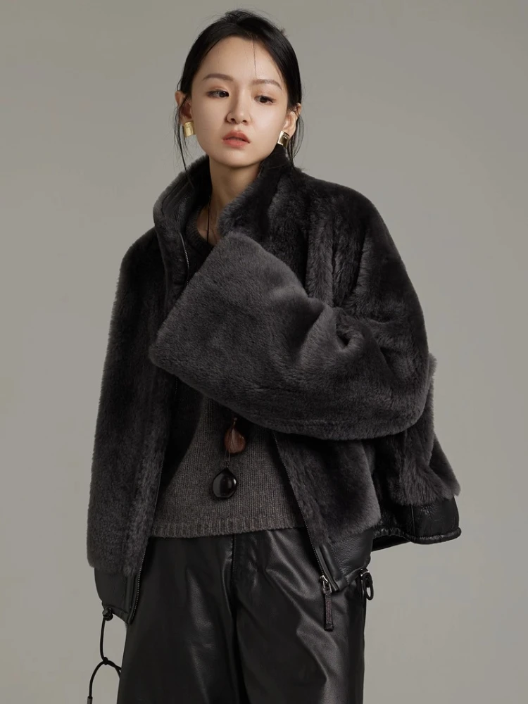 High-end Luxury Merino Sheep Fur Plush Jackets for Women Simple Stand Collar Casual Short Winter Genuine Leather Real Fur Coat