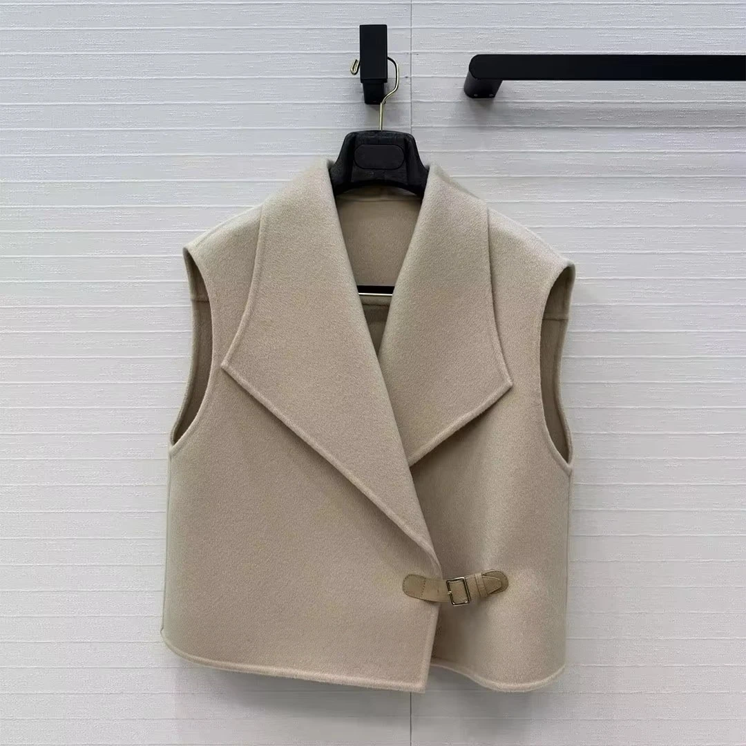 Solid Color Fall Winter Wool Cashmere Double Sided Woolen Vest Coat Women Big Lapel Sleeveless Sheepskin Leather Buckle Tank