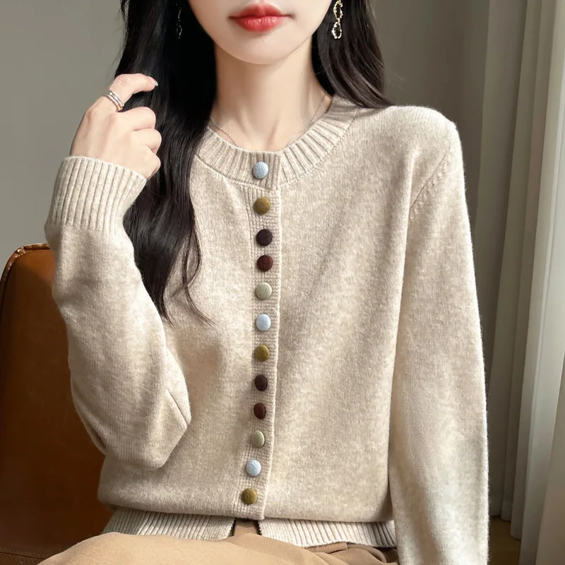 

Neck Pullover Colorful Button Fashionable Versatile Outerwear Top Autumn Winter Knitted Cardigan Women's Vintage round