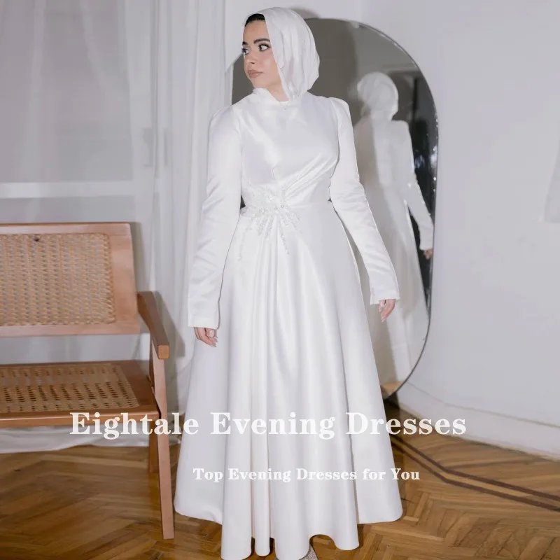 Vestido de novia árabe de Eightale, vestido de novia personalizado de color marfil con cuello redondo y apliques, vestido de novia musulmán hasta el té, vestido de fiesta de novia