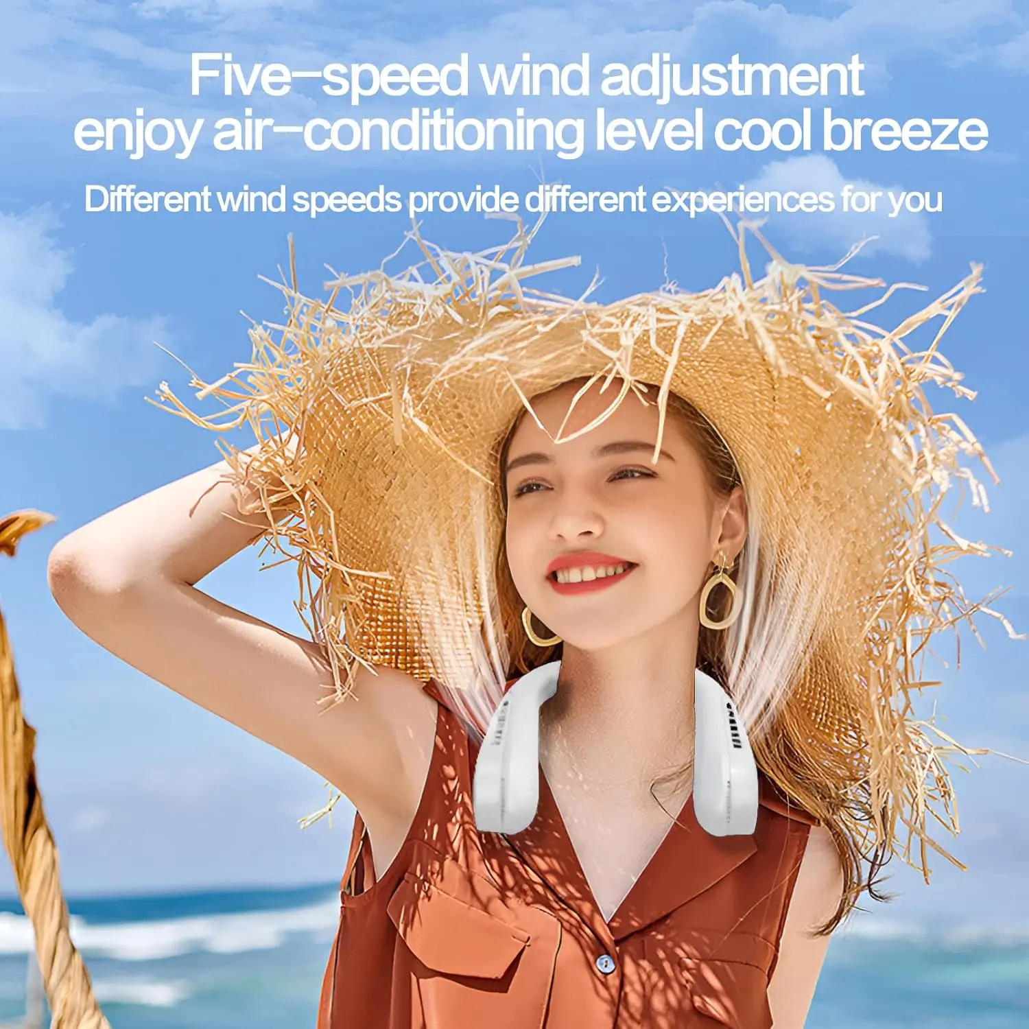 【2023年新作】新しいポータブル全角ネックファン、ハンズフリーブレードレスファン、ヘッドフォンデザインでウェアラブル、回転可能な吊り下げネック