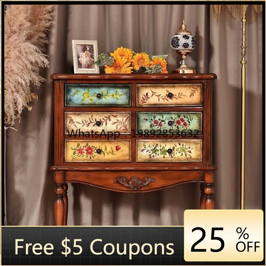 

YFY American Country Style Entryway Cabinet Solid Wood Living Room Entryway Storage Hand-painted Six-drawer Organizer