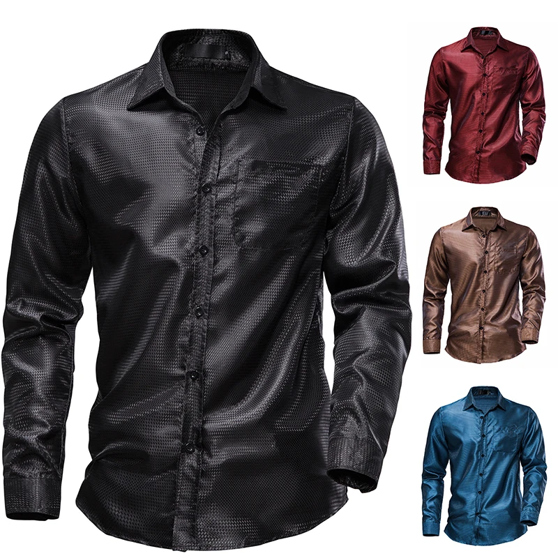 

2023 High Quality Trendy Men's Bright Face Shirt Fashion Handsome Youth Dance Disco Long Sleeve Loose Lapel Top S-2XL