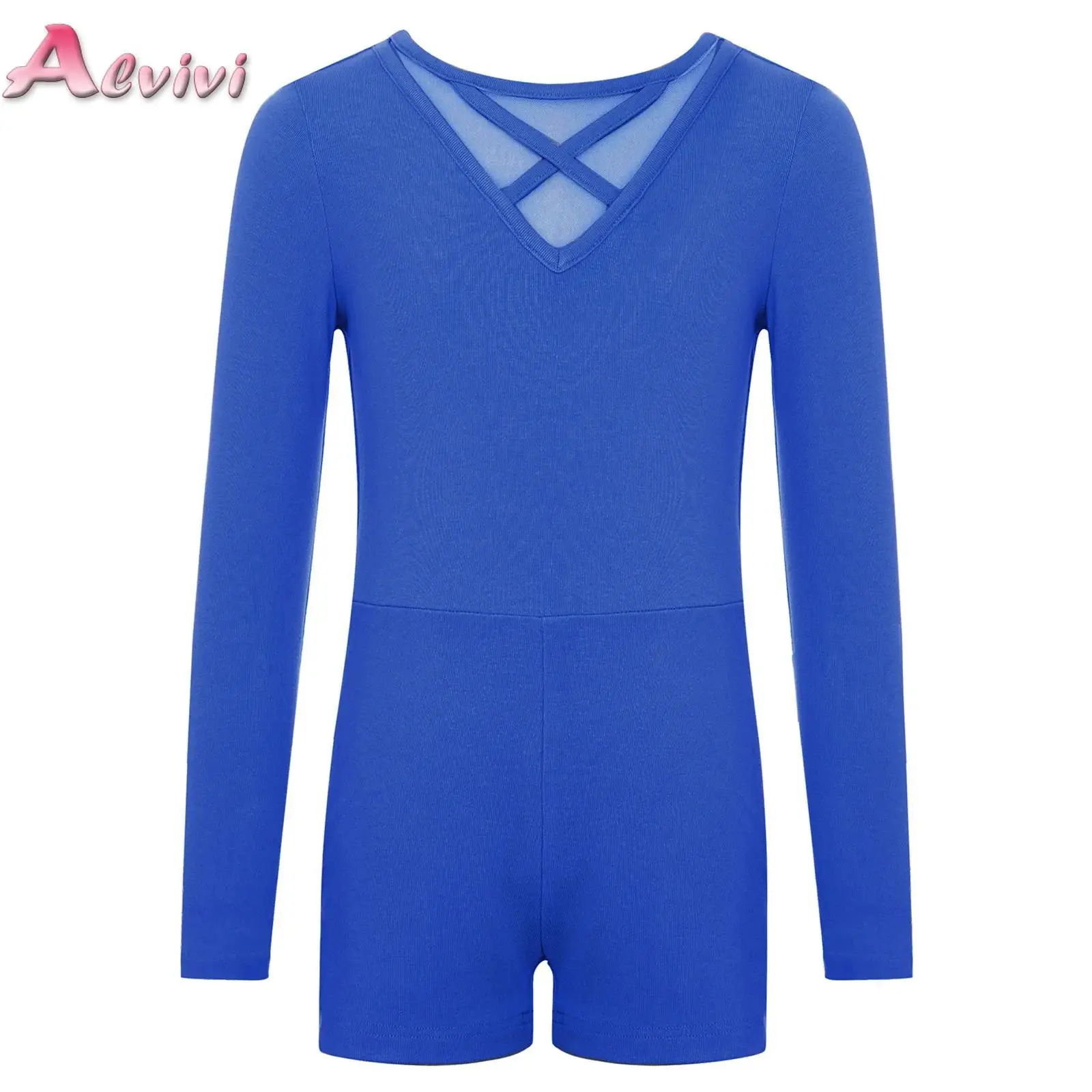 

Girls Long Sleeve Ballet Leotards Sheer Mesh Cross Front Back Dance Tops Rhythmic Gymnastics Jersey Dance Bodysuit Dancewear