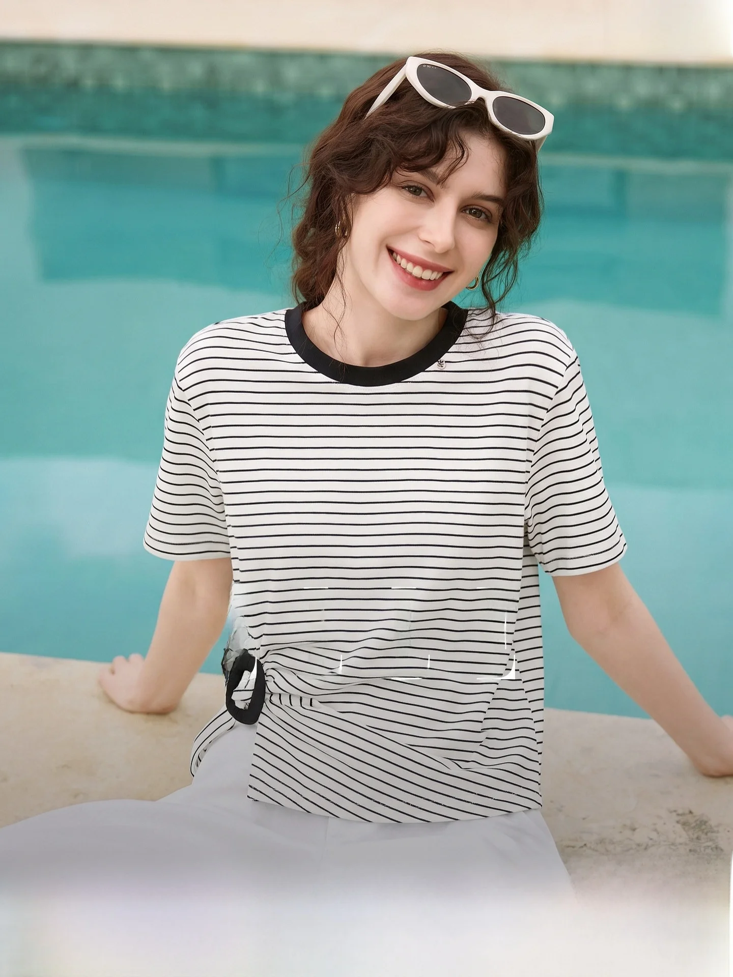 

Elle Retro Striped Color Block Knot Short Sleeve Women's T-Shirt Casual Commute Fashionable Summer New Arrival High Waist