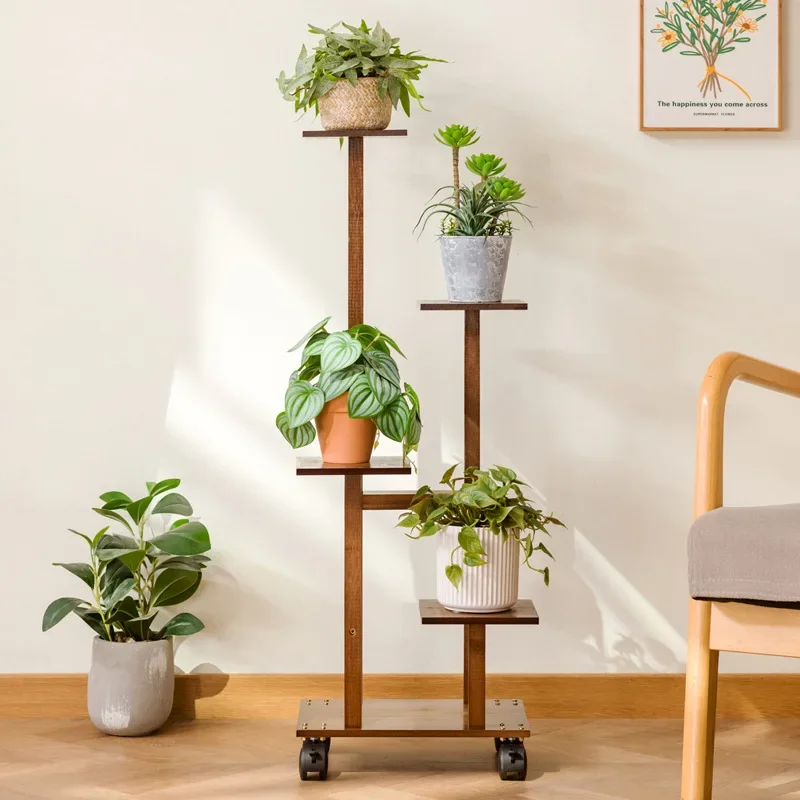 Modern minimalist bamboo and wood flower stand, pulley mobile plant rack, multi-layer flowerpot rack, balcony potted plant rack image 3