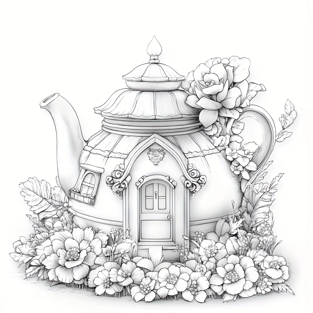 28 Pages Dreamy Teapot House Coloring Book for Adult, Birthday Party Gift, Drawing Supplies, Christmas, Thanksgiving, Halloween