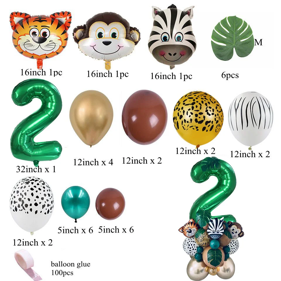 35pcs 1-9 Green Number Balloon Carton Tiger Monkey Balloons Tower for Boy's Birthday Decoration Wild Animal Party Supply