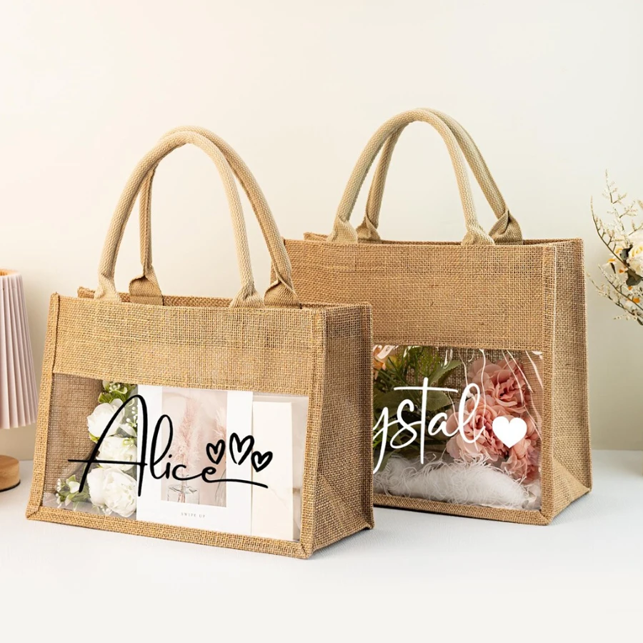 

Custom Jute Tote Bag Spliced Transparent Film Beach Bag Burlap Shopping Bags Gift Bag For Party Beach Bridesmaid Wedding